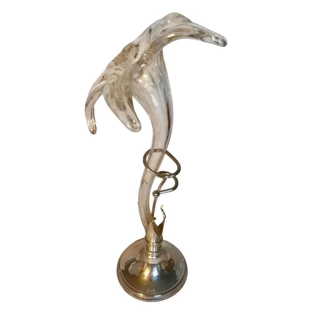 Vintage Mid Century Blown Glass Lily Vase Art In Silver Tone Base